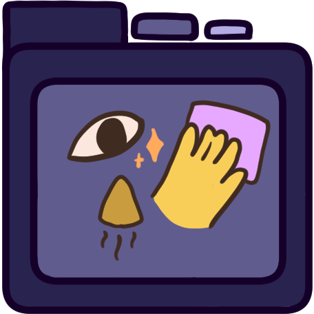 a purple file folder with an eye looking at sparkles, someone smelling something, and a hand touching a lilac square on it.